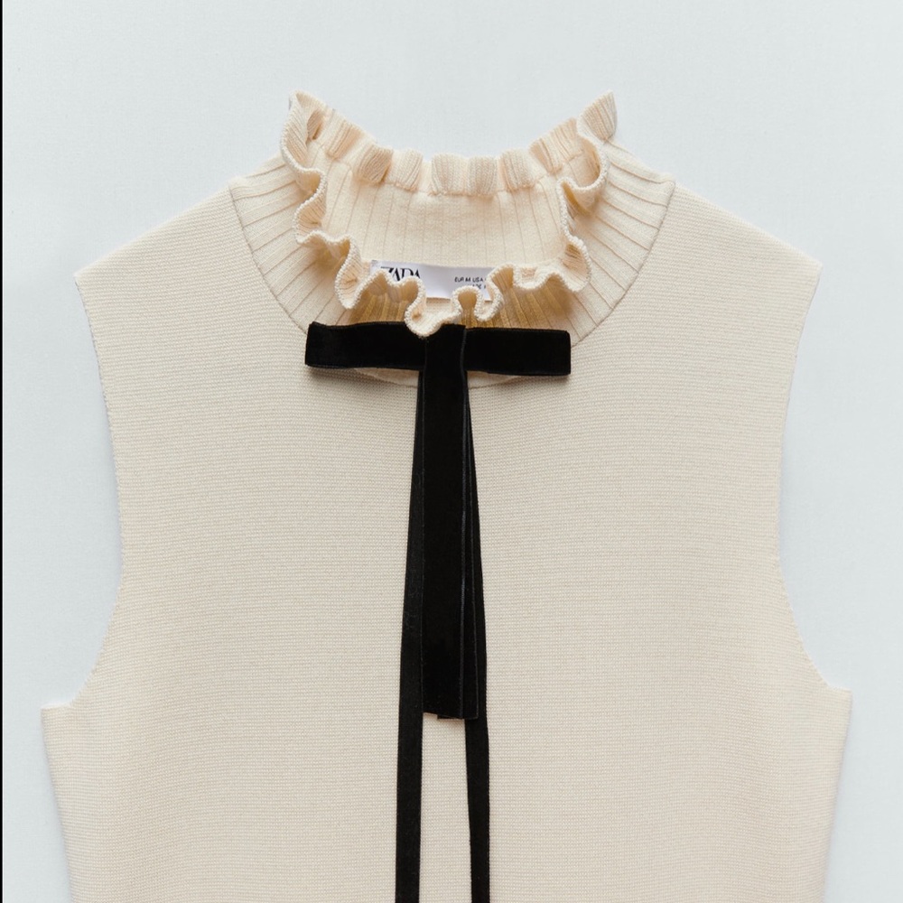 Zara Cream Sleeveless A-Line Dress with Black Neck Tie - Picture 2 of 6